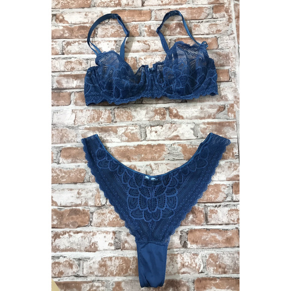 Chantelle Other - CHANTELLE Vgt 2 PC Romantic Lace Thong Soft Bow Bra & Tanga Blue Med High Waist